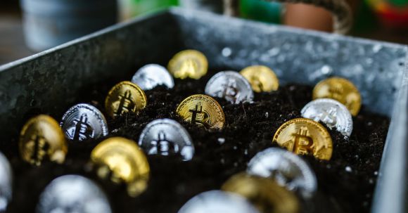 Blockchain Technologie - Close-Up Shot of Bitcoins Buried in the Ground